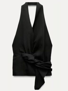 ZARA NWOT Linen Blend Front Sash Tie Halter Tank Top Blouse Black Women's Medium